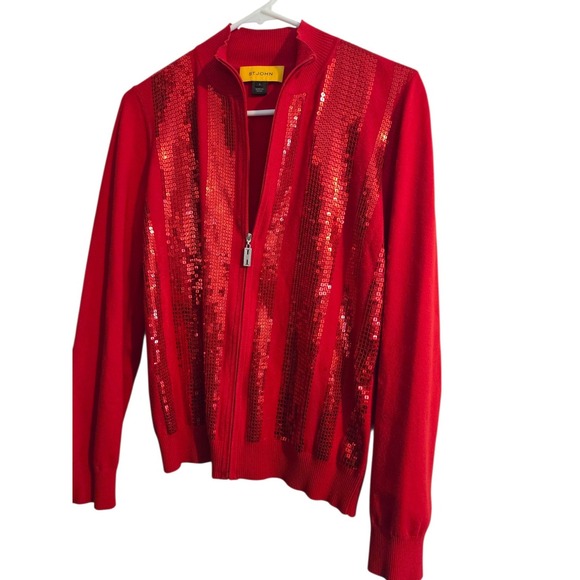 ST. JOHN Knit Jacket RED Sparkles/Shimmery ZIP - Sz S  Excellent! - Picture 2 of 6